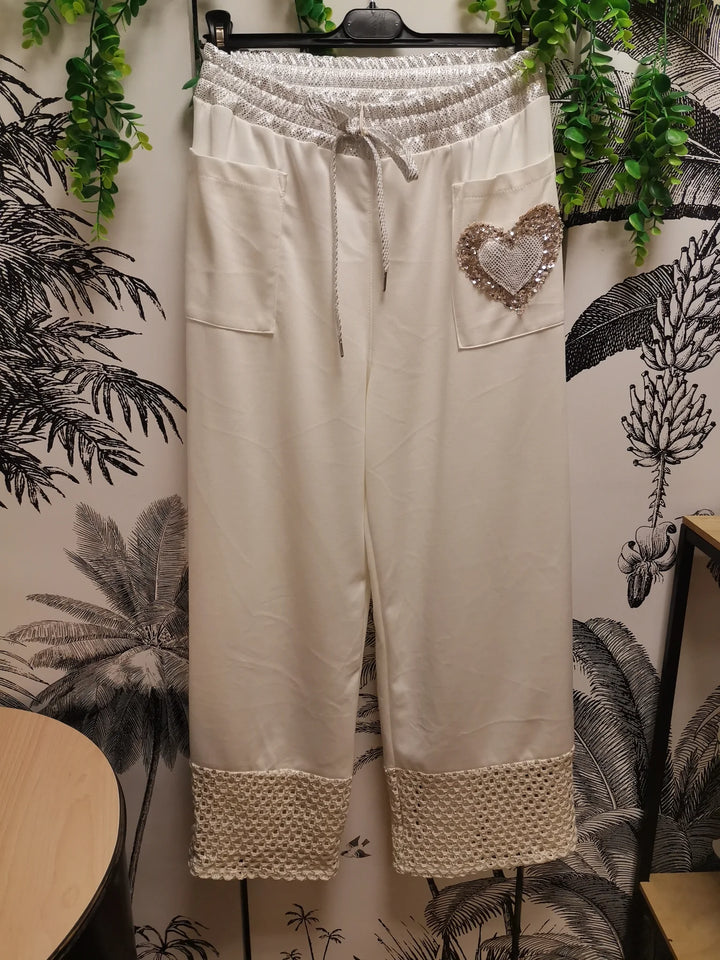PANTALON LARGE COEUR SEQUINS MELANIE BLANC